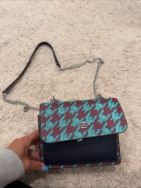 Coach Teal and Burgundy Houndstooth Crossbody Bag with Chain Strap